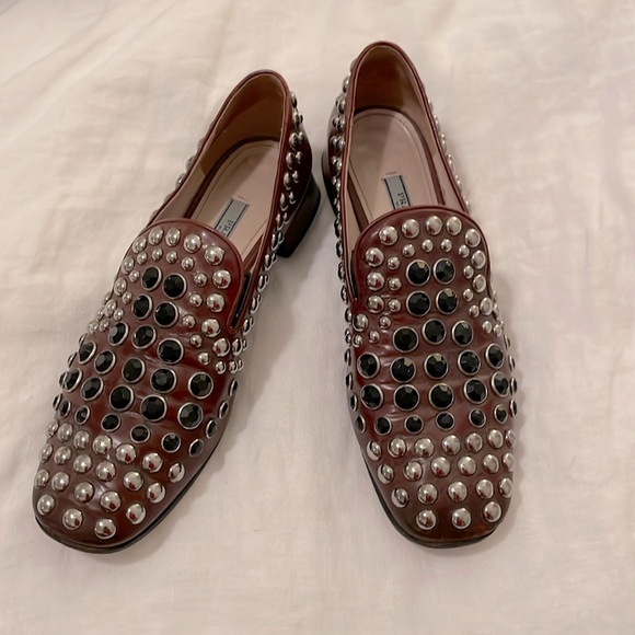Prada brown leather crystal studded loafers women’s 7 - Picture 1 of 7